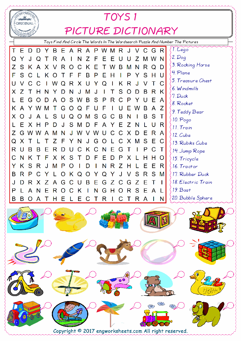  ESL wordsearch worksheets for kids, find Toys words in the word wordsearch write its number on its picture English worksheet. 